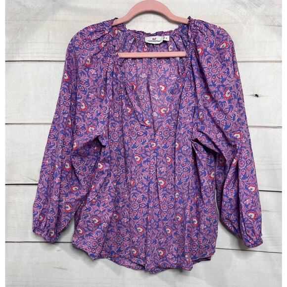 Vineyard Vines Size XL Top Ruffle Collar Purple Print Lightweight Easy - Picture 1 of 5